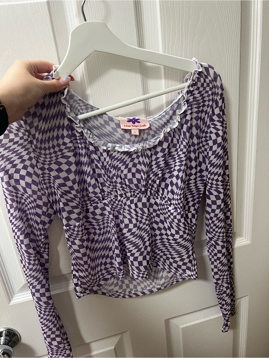 Lisa Says Gah Tops - Lisa Says Gah Purple Checkerboard Long Sleeve Mesh Top